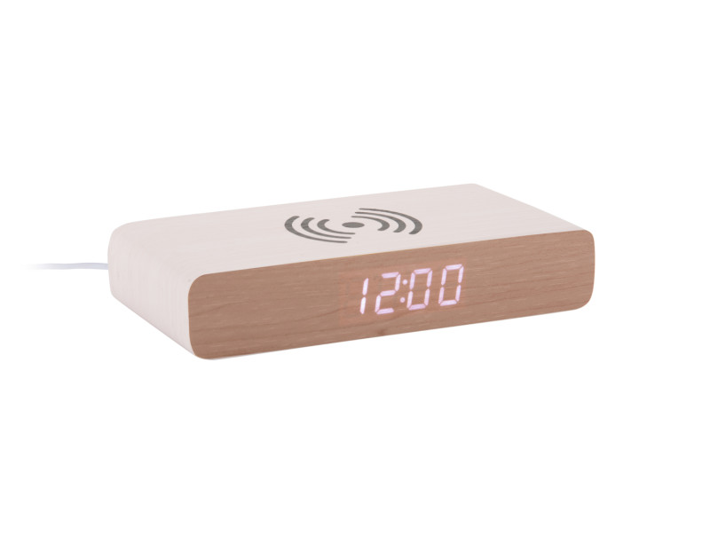 Wecker RETRO FLAT LED in Fb. weiß, digital clock, Holzkernuhr, LED-Anzeige, Tischuhr, Drahtloses Ladepad