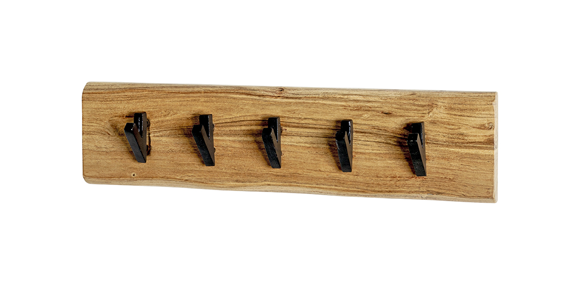 Wandgarderobe RIVERA in Farbe Akazie, Schwarz Wandgarderobe in Mehrfarbig, Holzbrett, Hakenleiste, Wandaufhänger, Holzoberfläche, schwarze Haken