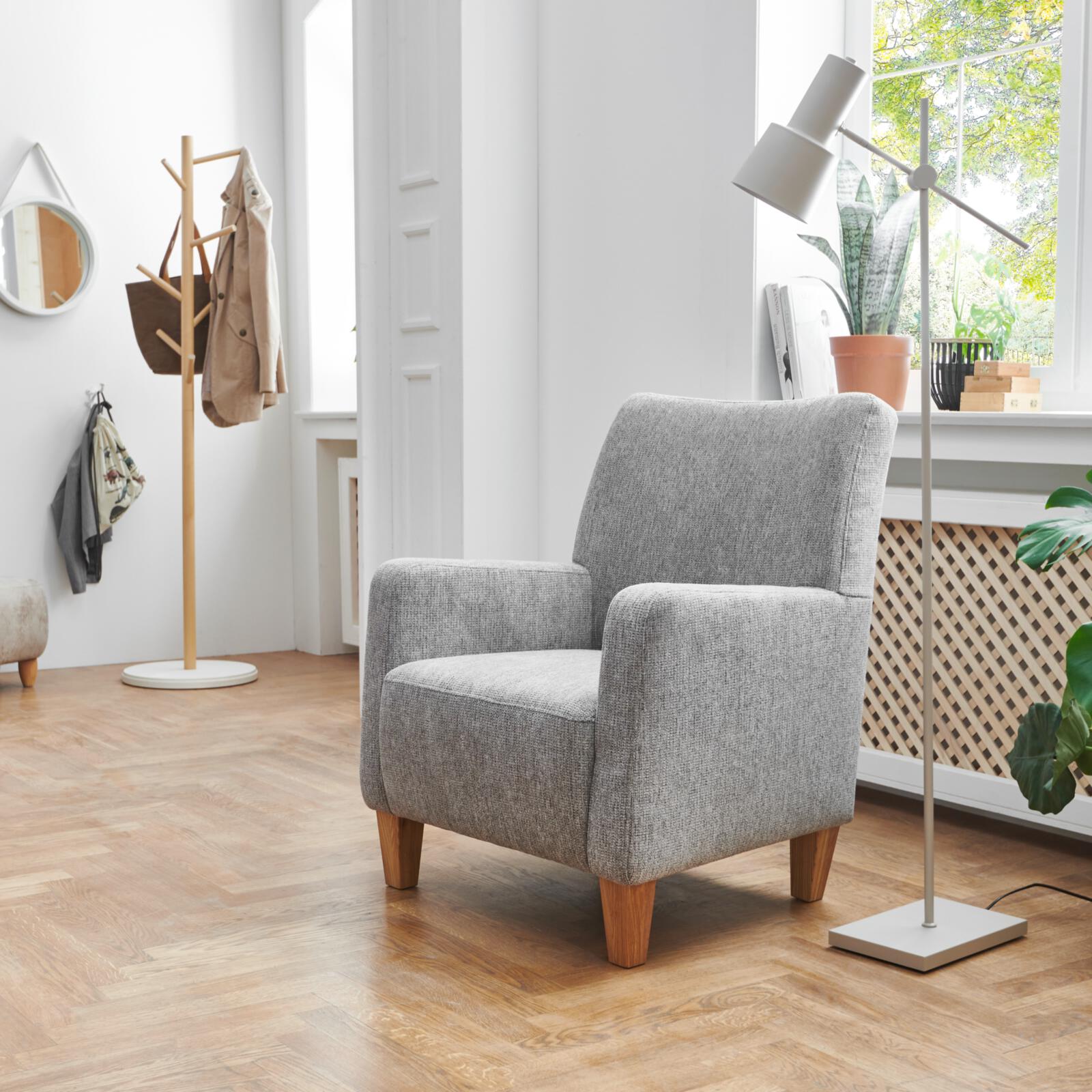 Sessel BOSSE in Stoff Orlean hellgrau, Sessel, Grau, Stoffstuhl, Holzbeine, Wohnzimmer