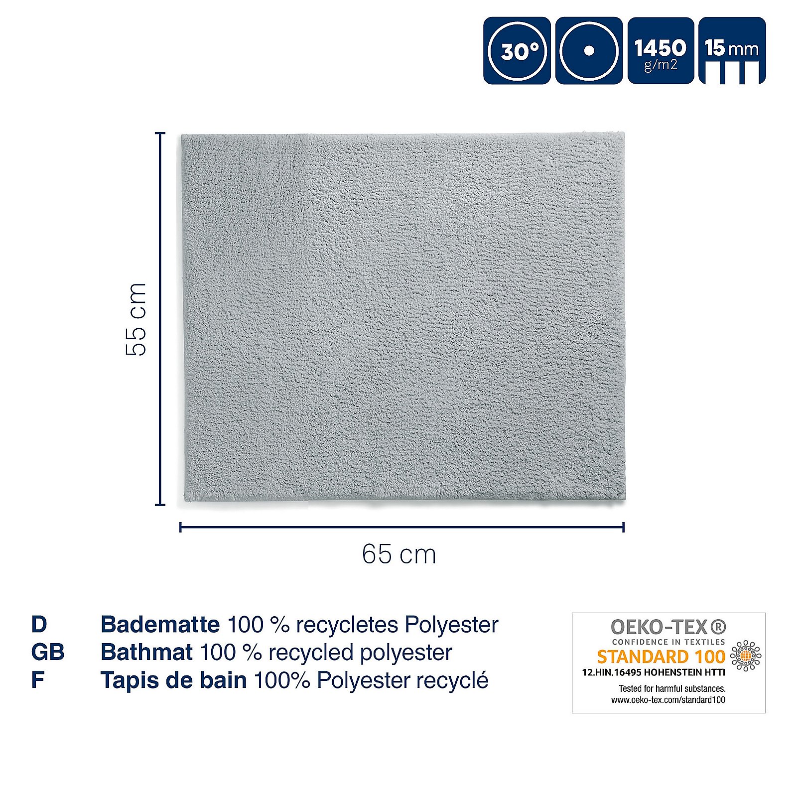Kela Badematte MAJA in Farbe Felsgrau, Teppich, Badmat, 100% recyceltes Polyester, grau, 65x55 cm, Badmatte, 100% recyceltes Polyester, Größe 65x55 cm, Farbton Grau, OEKO-TEX Standard 100