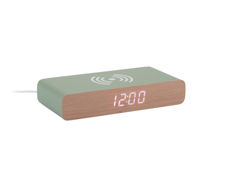 Wecker RETRO FLAT LED in Fb. grün Wecker RETRO FLAT LED in Fb. grün, digital clock, desk clock, LED display, drahtloses laden, Holzfrontplatte