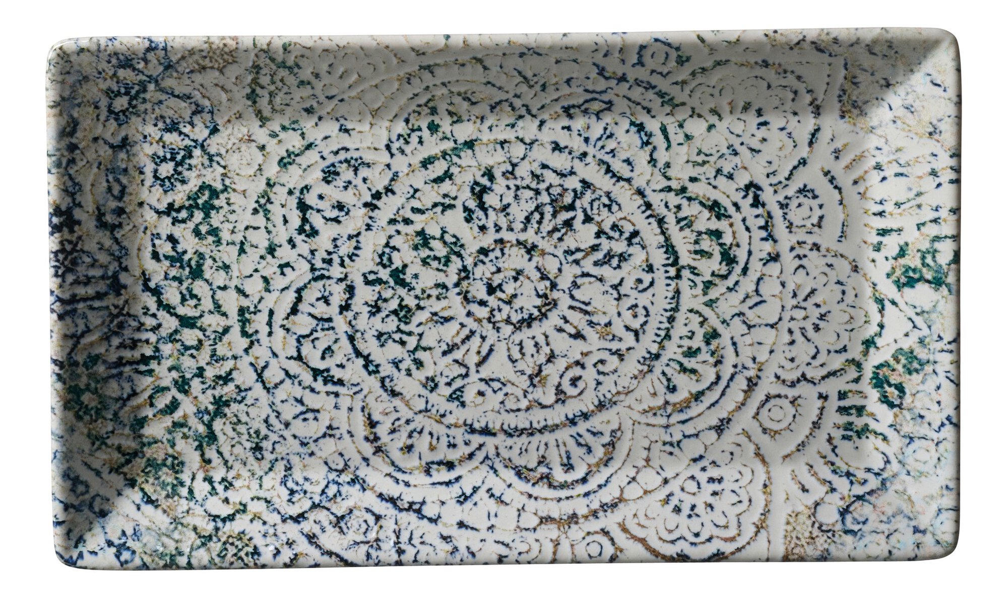 Ritzenhoff & Breker Platte LUIGI 25x15cm aus Steinzeug beige/blau/grün, Tlatplatte, Unterteller, Keramik, Muster, rundkantig